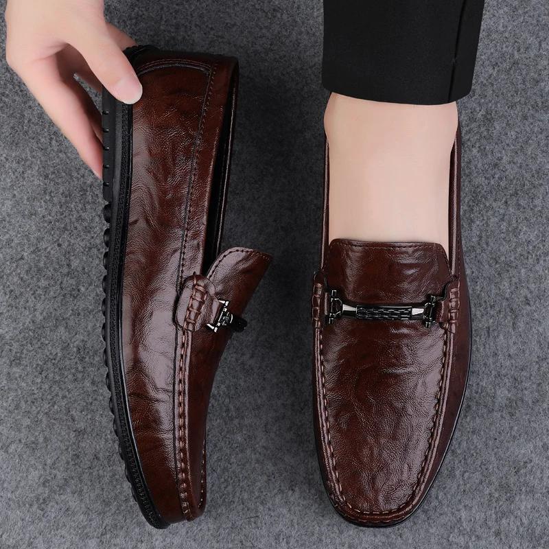 Fashion Luxury Brand Brown Loafers Genuine Leather Mens Business Formal Shoes Comfortable Casual Shoes Driving Footwear Breathable Mens