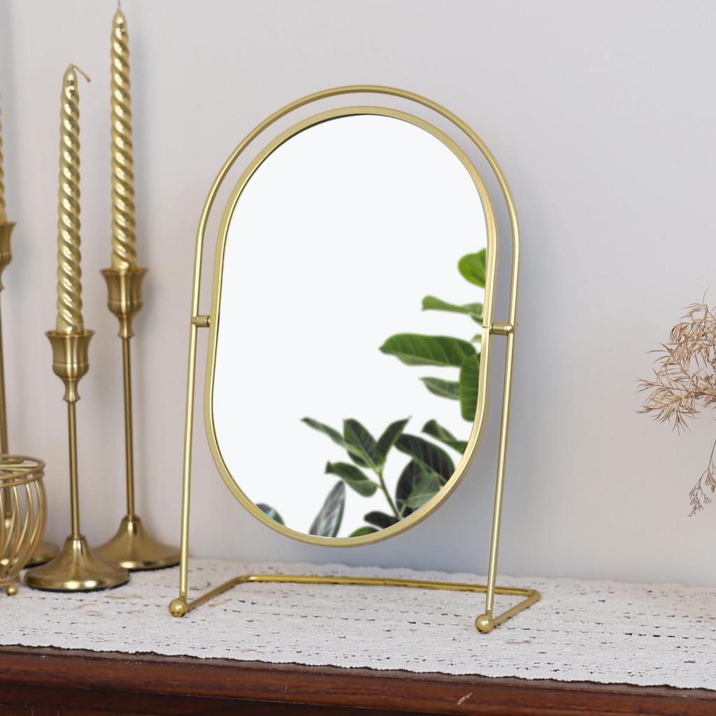 Browgrow Vanity Metal Tabletop Stand Makeup Tabletop Stylish Mirror, Mirror, Mirror, Mirror, Mirror, 360-Degree Rotation, (Oval, Gold)