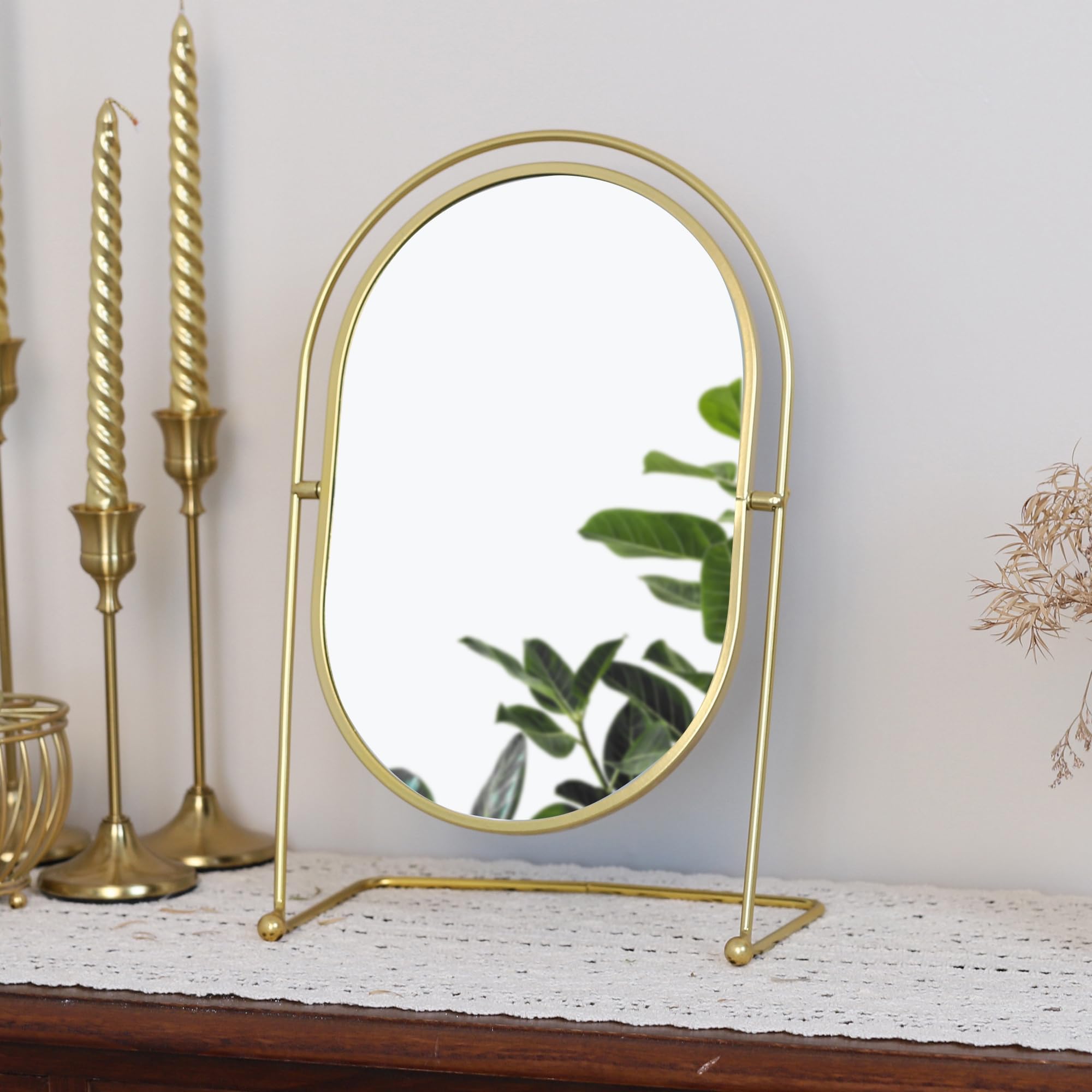 

Browgrow Vanity Metal Tabletop Stand Makeup Tabletop Stylish Mirror, Mirror, Mirror, Mirror, Mirror, 360-Degree Rotation, (Oval, Gold)