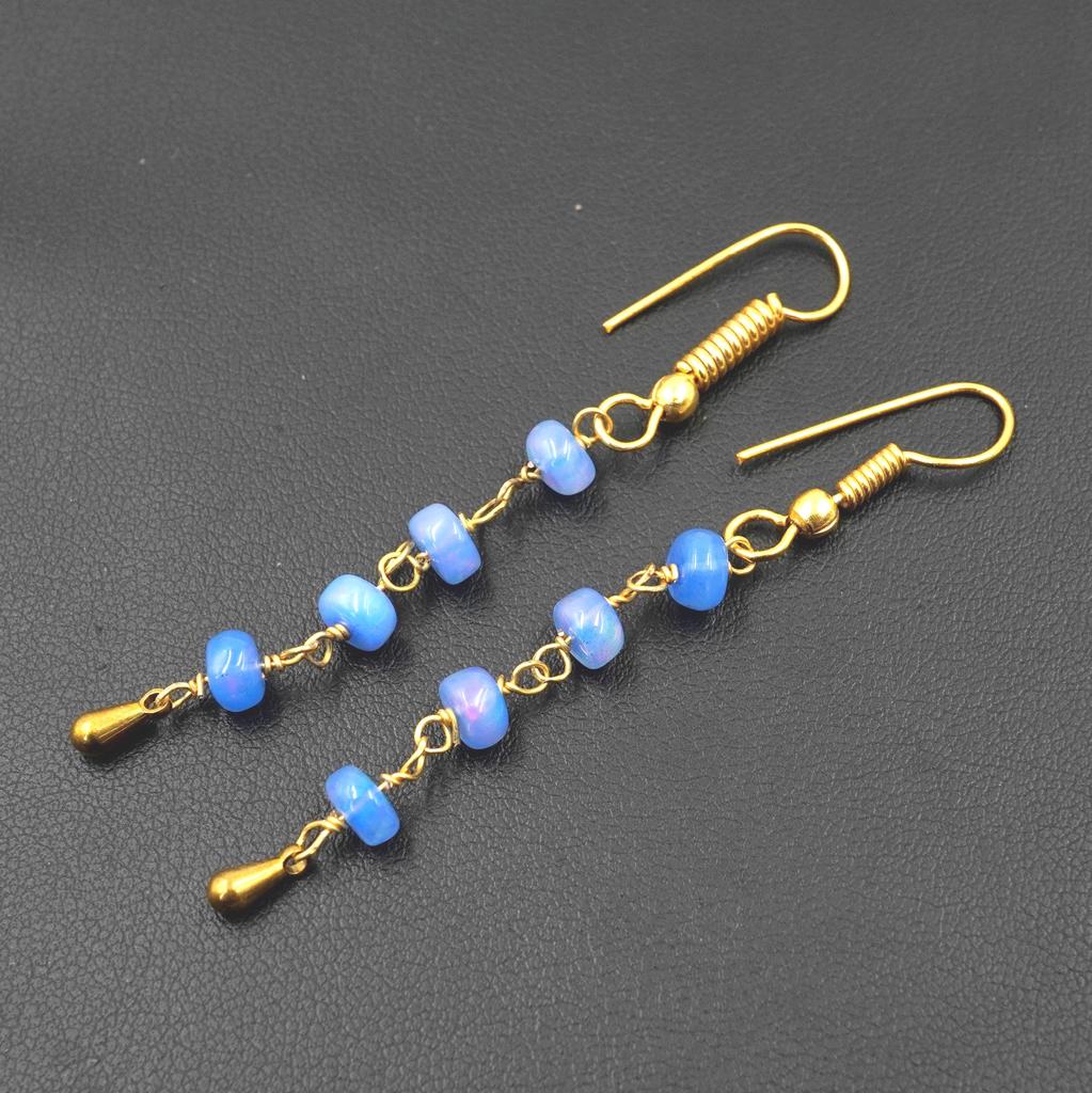 Natural Ethiopian Opal Beads Earrings Blue Multi Fire Opal 14K Gold Cabochon Beaded