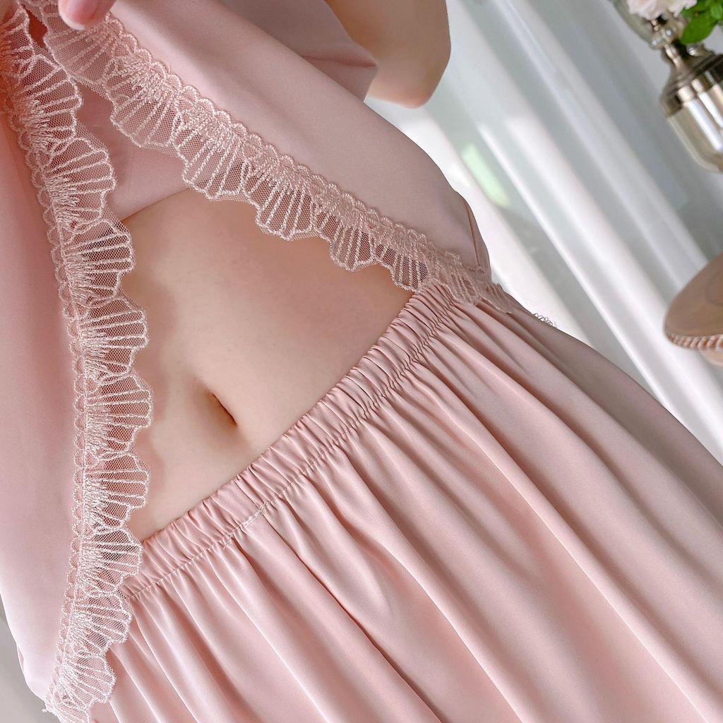 Women's Summer Ice Silk Lace Trim Pajama Set with Chest Pads
