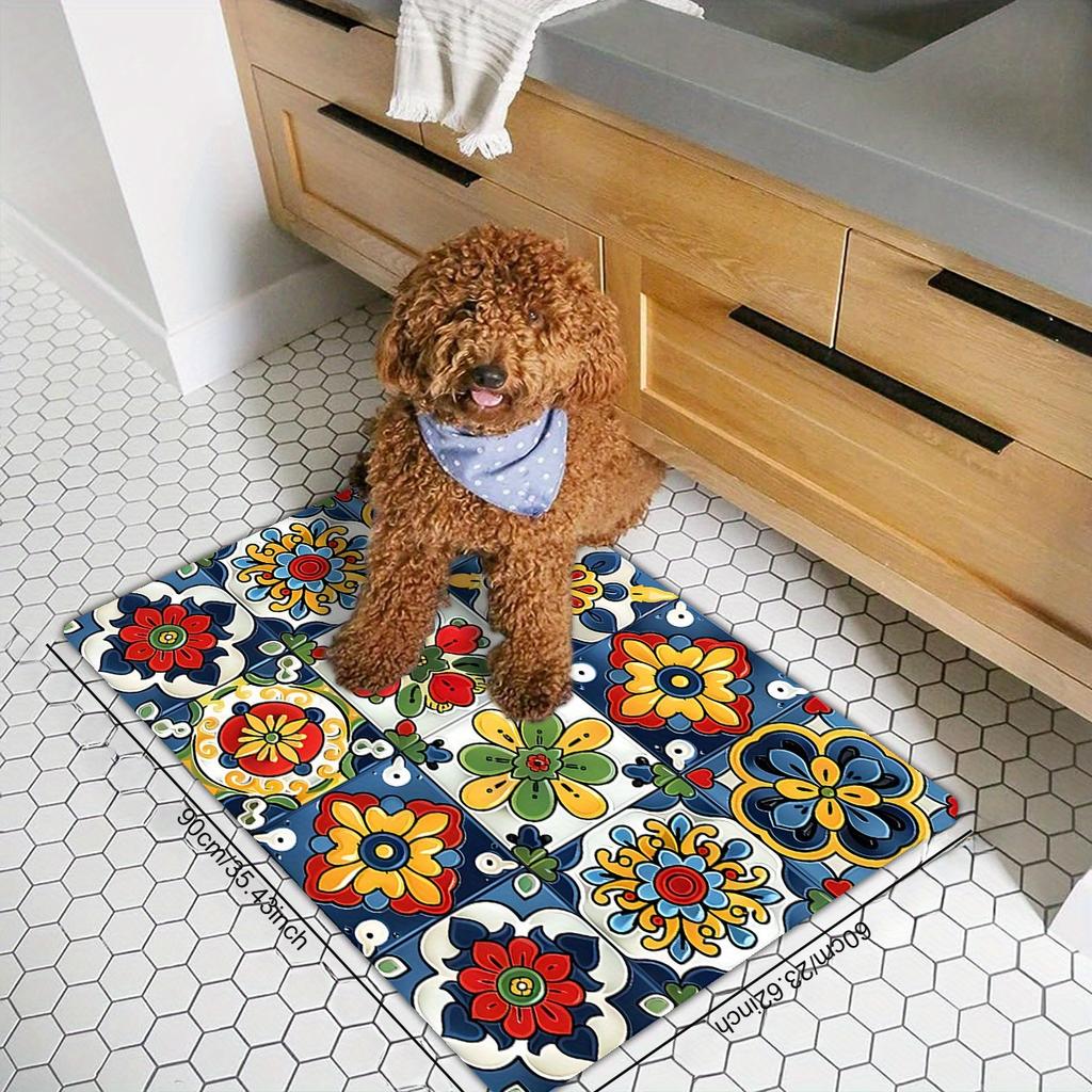 Mexican Talavera Floral Tile Kitchen Runner Rug Waterproof Oil‑proof Non‑slip Long Floor Mat For Kitchen Space Rug