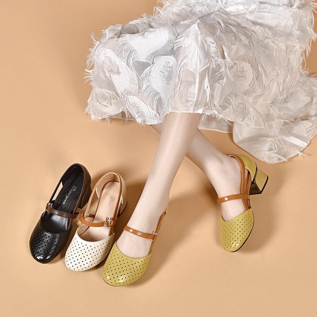 High-heeled sandals women's summer color matching hollow sandals round head punching hollow middle heel top layer cowhide fashion shoes