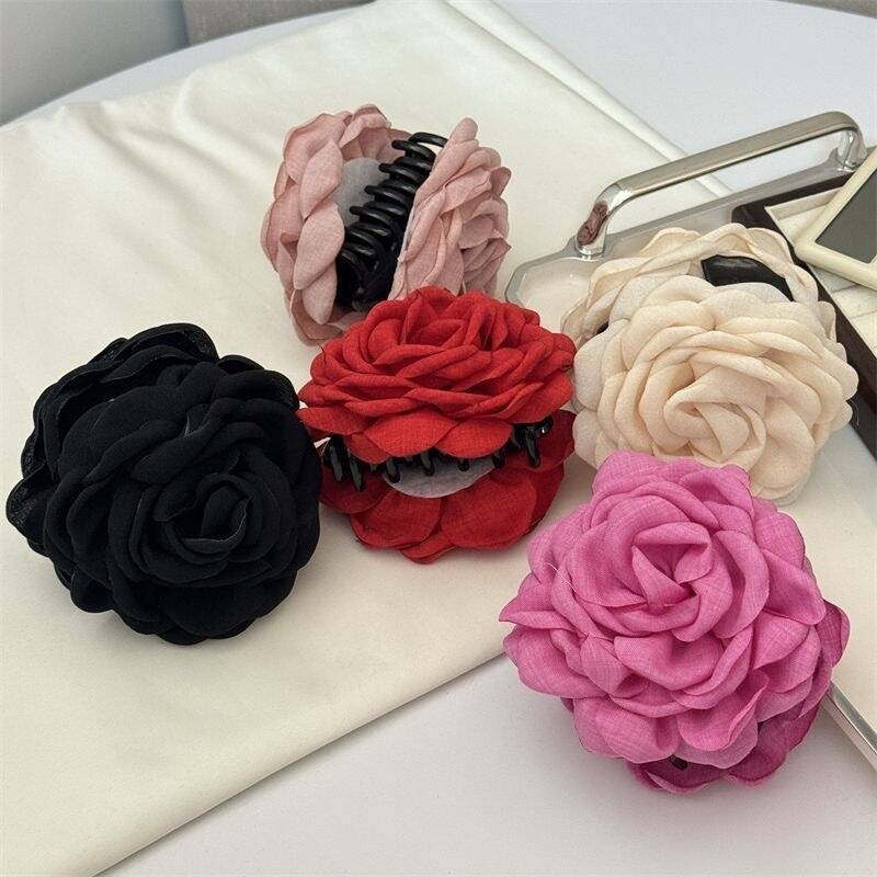 Korean Fabric Rose Flower Hair Claw Clip Women Girls Fashion Barrettes Plastic Hair Grab Clamp Headwear Hair Accessories