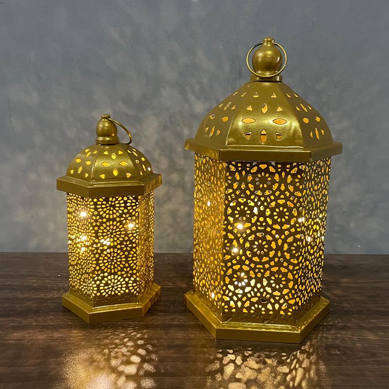 White LED Hollow Out Iron Lantern Vintage Home Decor Bedroom Living Room Ambient Lighting Craft Ornament for Indoor Outdoor Use