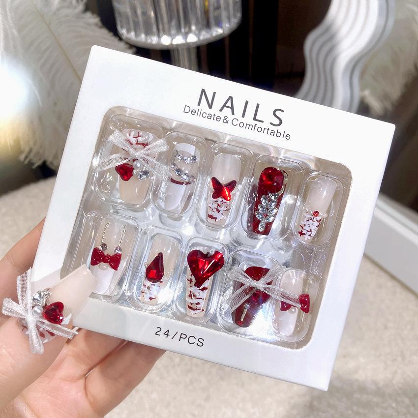 Autumn, Winter and New Year's Wear Finished Nail Art Handmade Nail Art Lace Bow Red Love Fake Nail Patch Nail Patch U63