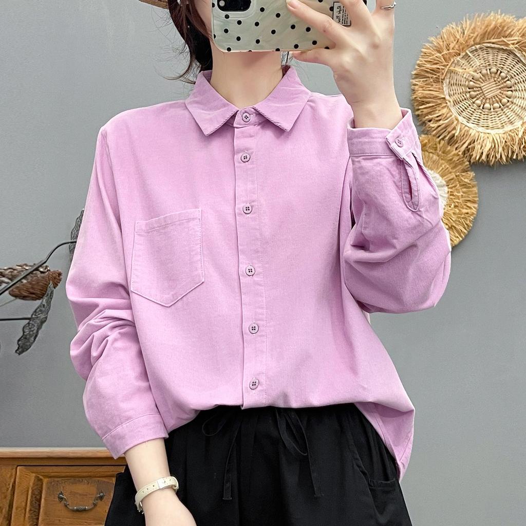 Women's Japanese Style Corduroy Long-Sleeve Shirt - Pure Cotton, High Quality, Retro Artistic, Loose Fit