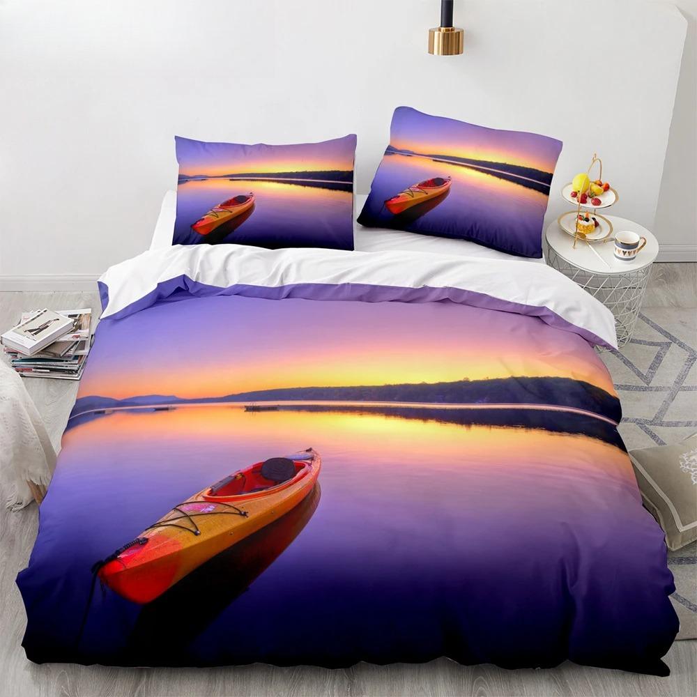 Vintage Segelboot König Königin Bettbezug Nautisches Ozean Bettwäscheset für Teenager Erwachsene Schiff Feuer Schwarz 2/3-teilig Polyester Steppdeckenbezug