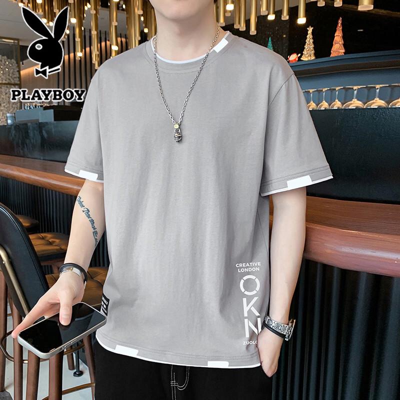 PLAYBOY Men's Summer Loose Fit Fake Two-Piece Short Sleeve T-Shirt