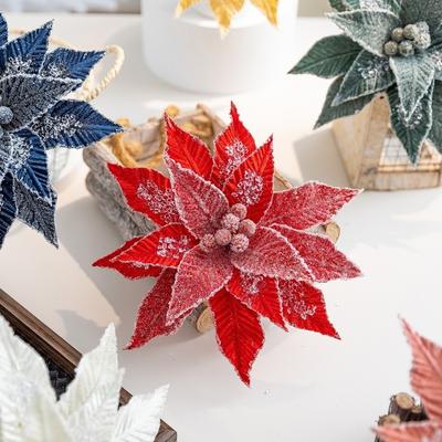 Luxurious Faux Velvet Christmas Flower Realistic Handmade Simulated Flower Elegant with Ice Crystal Xmas Tree Ornaments