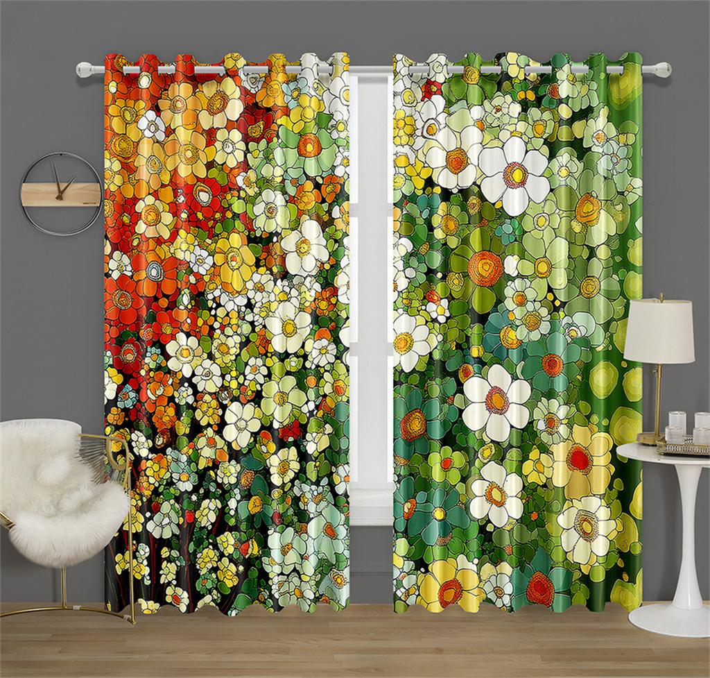 Colorful Rich Flowers Pattern Curtains Green and Peach Flowers Kitchen Decor Curtains Bedroom Living Room Window Decor 2 Panels