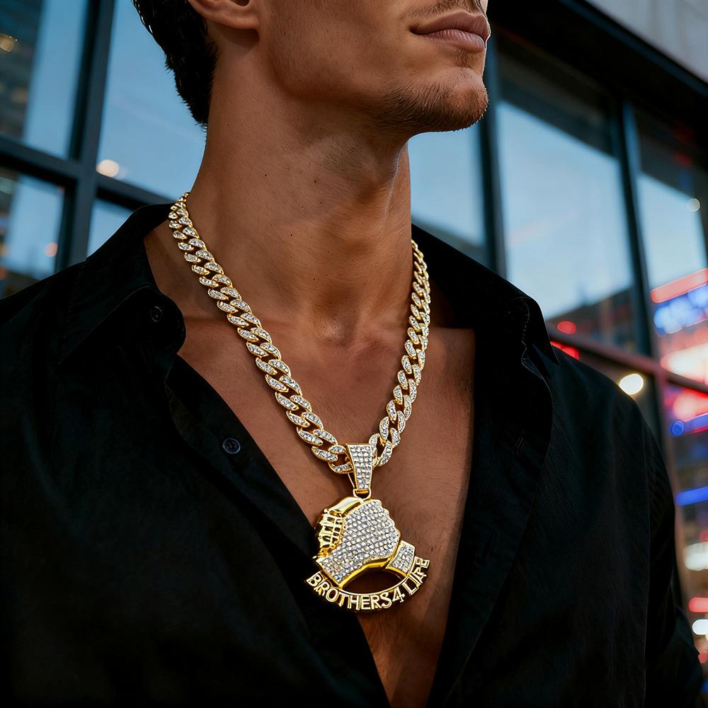 Hot Selling Hand In Hand Brothers 4 Life Full Diamond Alloy Pendant Fashion Cuban Chain Necklace Accessories