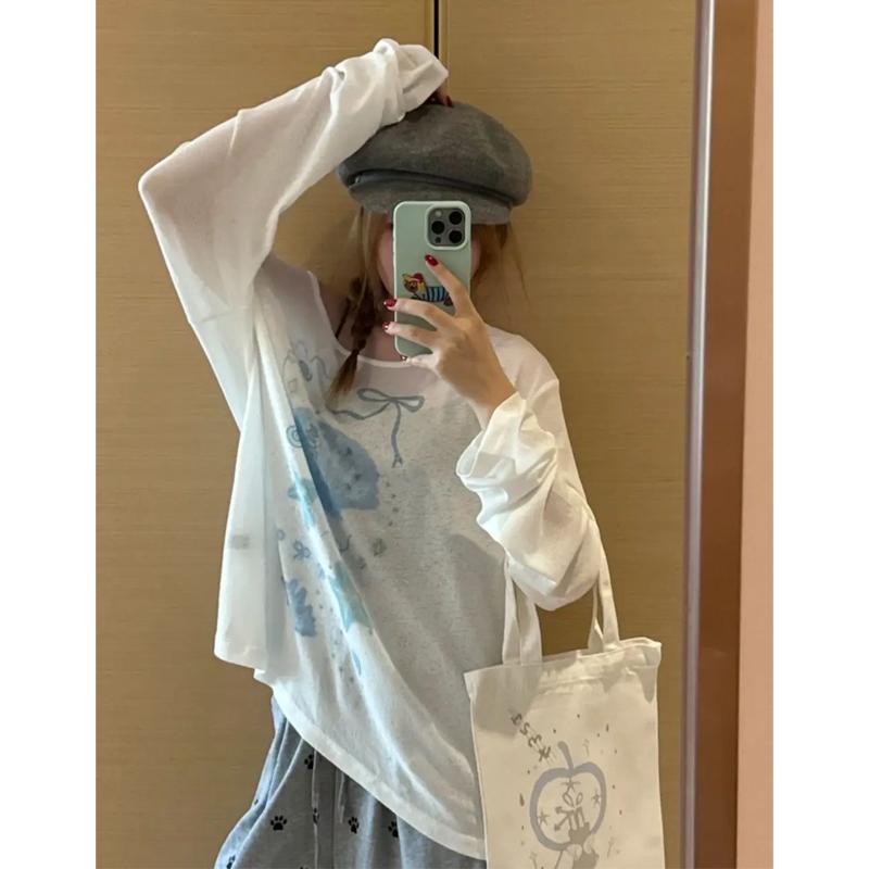 Printing Sexy Perspective Pullovers Top Summer Long Sleeve Loose Lazy Style Simplicity T-Shirts Casual Women Clothes