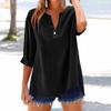 Women's Fashion Loose Standing Collar Button Split Cotton Linen Seven Sleeve T-Shirt Top