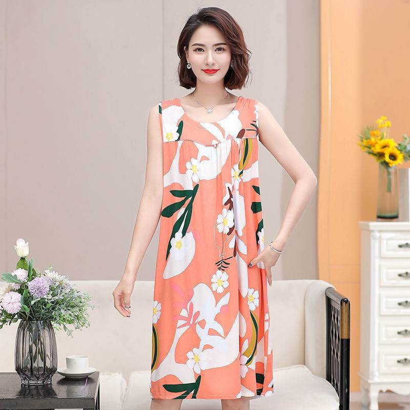 Summer Middle-Aged Elderly  Silk Women's Dresses Large Size Mother's Casual Homewear