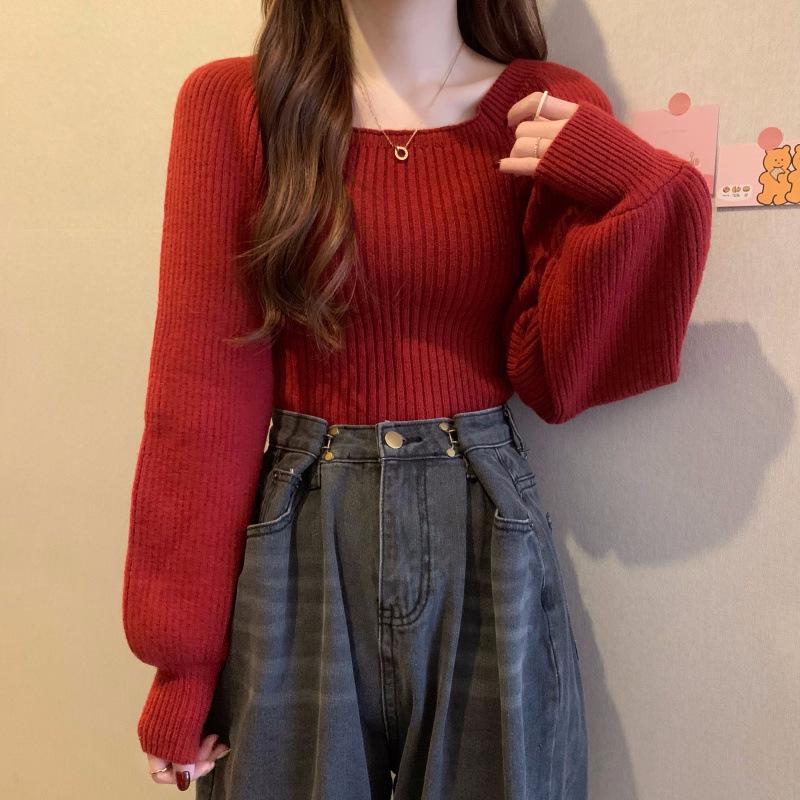 High-End Puff Sleeve Square Neck Sweater - Autumn/Winter Slim Fit Versatile Top