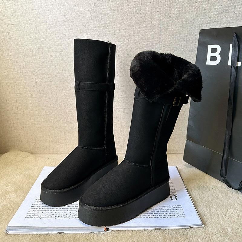 

Женские легкие зимние теплые меховые цельные сноубутсы на толстой подошве с ремешком и пряжкой, плюшевой подкладкой, нескользящие, повседневные спортивные длинные хлопковые сапоги 38 чёрный
