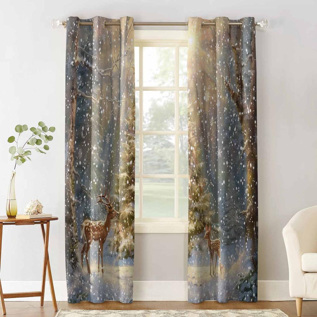 Christmas Snow Scenery Snowflakes Trees Deer Blackout Curtains For Living Room Bedroom Window Treatment Blinds Drapes