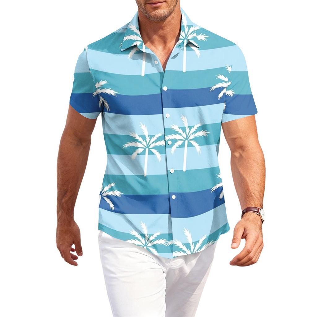 Men's Casual Loose Fit Short Sleeve Hawaiian Shirt Button Down Beach Shirt with Tropical Print Summer Top