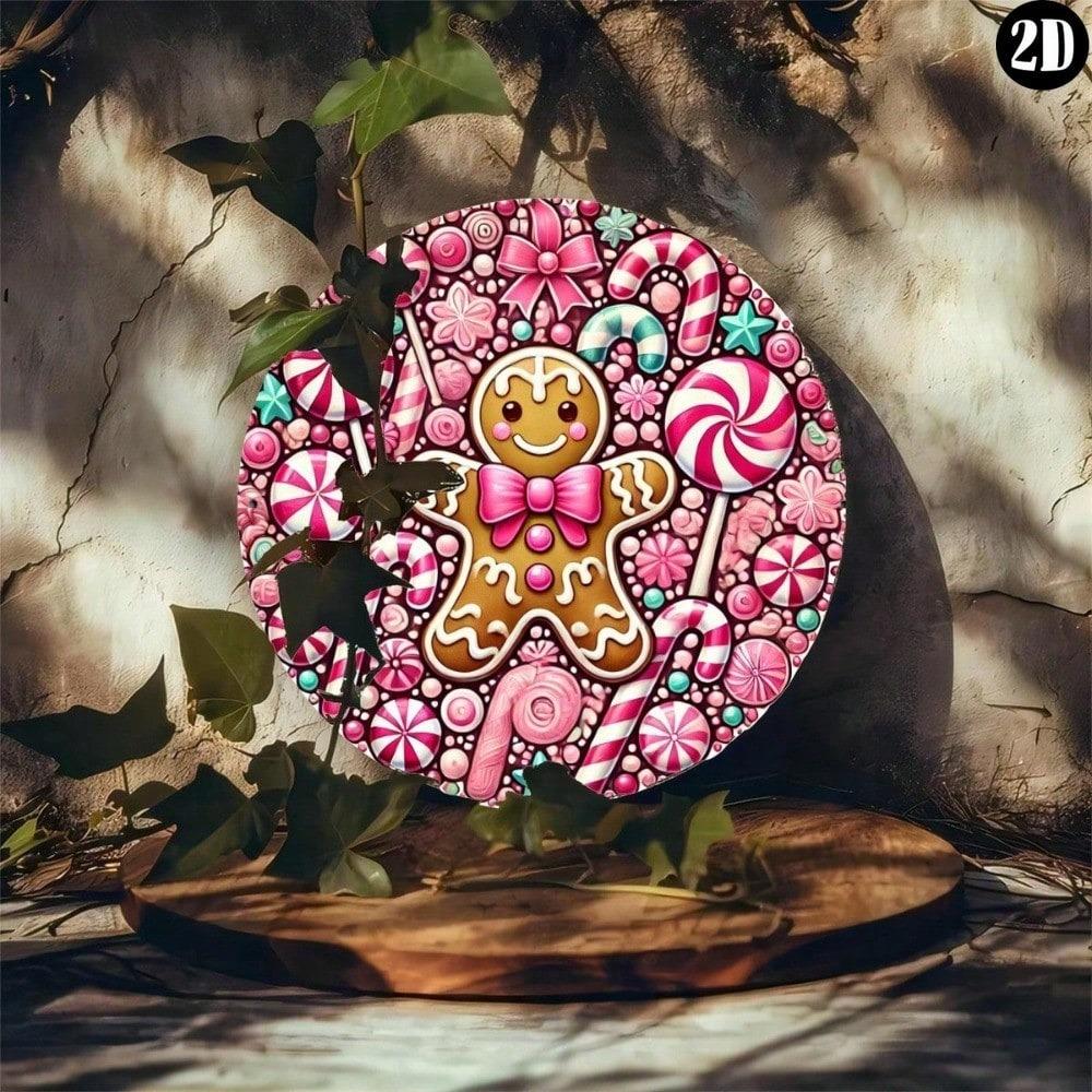 Vintage Gingerbread Girl Round Metal Wall Art Pink Christmas Decor Kitchen Home Sign