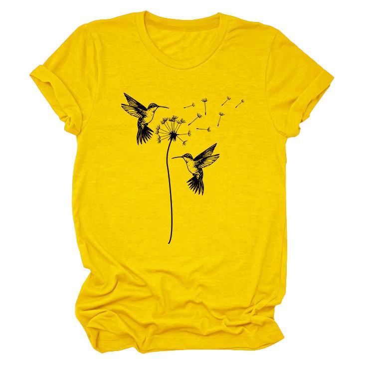 Sommer Rundhals Zwei Vogelmuster Druck Top Modische Lässige Kurzarm Damen T-Shirts