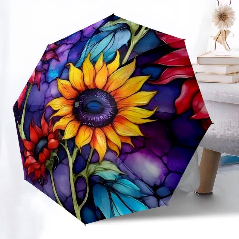Stunning Sunflower Stained Glass Wall ArtUmbrella with Cute Design,Portable 3-Fold Compact Umbrella for Men&Women,Valentine's Day Mother's D