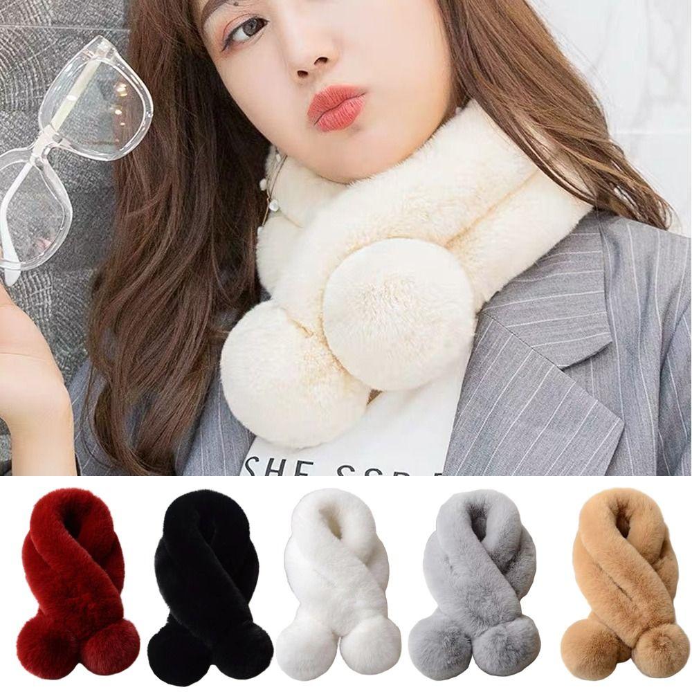 Fluffy Pompoms Warm Cross Scarf Plush Neck Warmer Fashion Neckerchief Wrap For Women Girls
