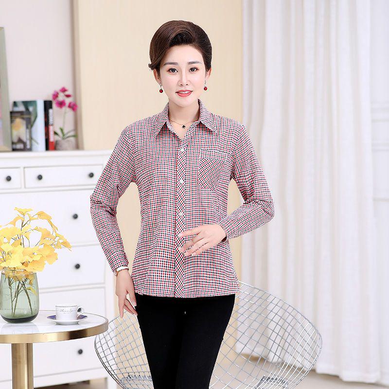 

Женская клетчатая рубашка с длинным рукавом для среднего и пожилого возраста: Универсальный повседневный топ для весны, осени и лета. 4XL (145-160 jin)