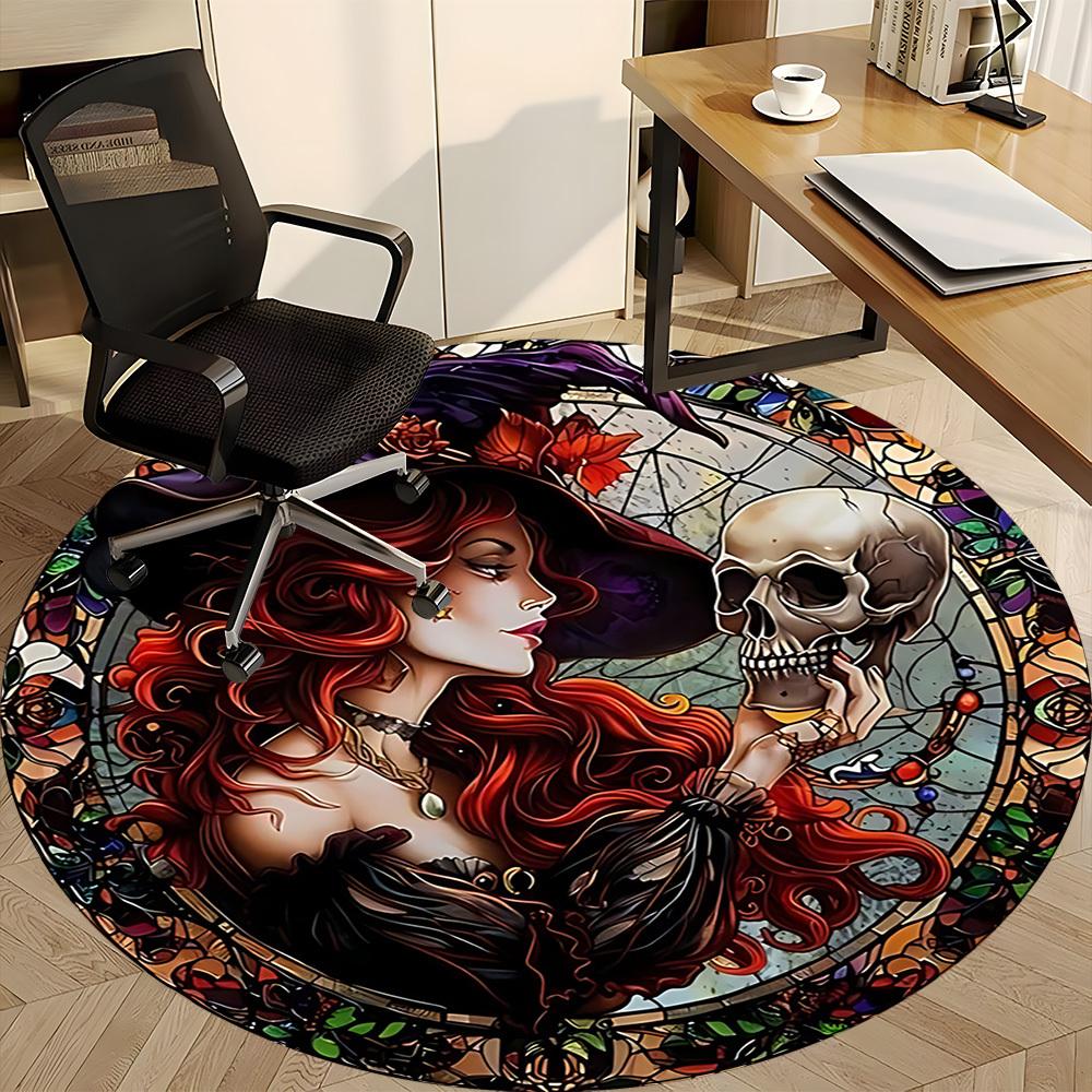 1PC Witch Skull Office Round Area Rug, Mat Suitable For Office, Under Office Chairs Bedroom Living Room Home Decor, Room Deco
