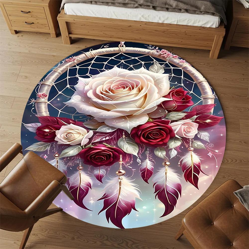 1PC Dreamcatcher Roses Feathers Round Chair mat Area Rug - Non-Slip, Floor Mat for Office, Bedroom, home decor Christmas Gift c0528019
