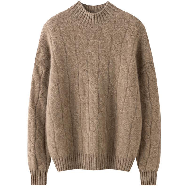 Women's Cashmere Cable Knit Sweater - Half-High Neck, Thick, Loose Fit, Versatile Slimming Knitwear for Autumn/Winter