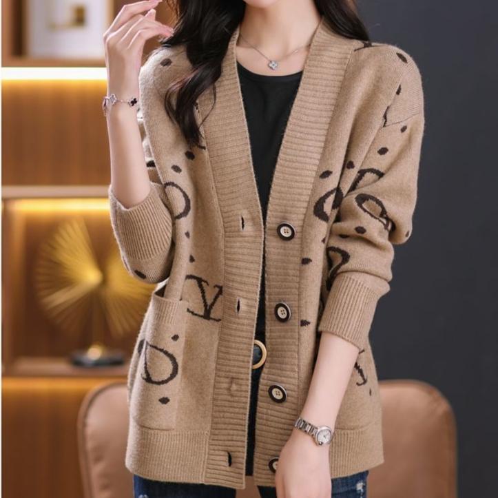 Women's V Neck Printed Knitted Cardigan Autumn Winter Loose Thick Plus Size Sweater Jacket