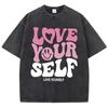 T-shirts Lavés en Coton pour Femmes Tendance T-shirts Délavés Imprimés Lettres 'Love Your Self' Manches Courtes Vêtements Féminins