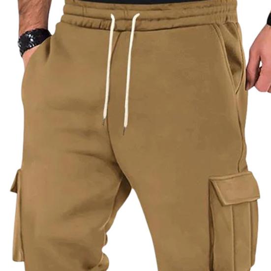 Men Cargo Pants Mid-rise Adjustable Waist Drawstring Casual Trousers with Reinforced