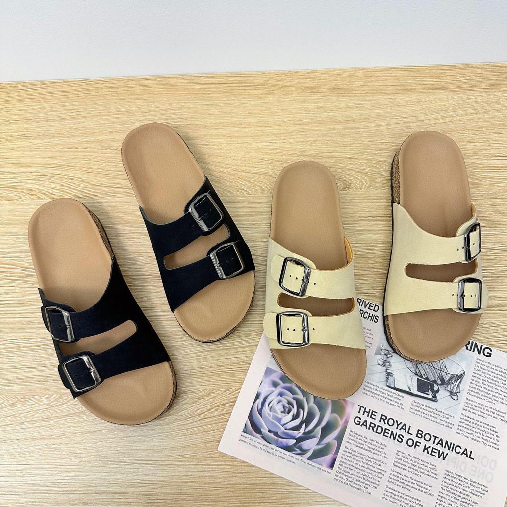 2025 Women's Plus Size Casual Beach Cork Slippers with Double Buckle