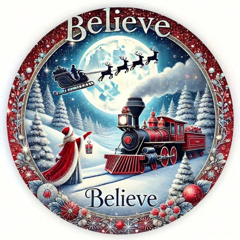 Christmas Train Tin Metal Wall Sign Vintage Home Decor 8x8 Inch English Text Holiday Gift