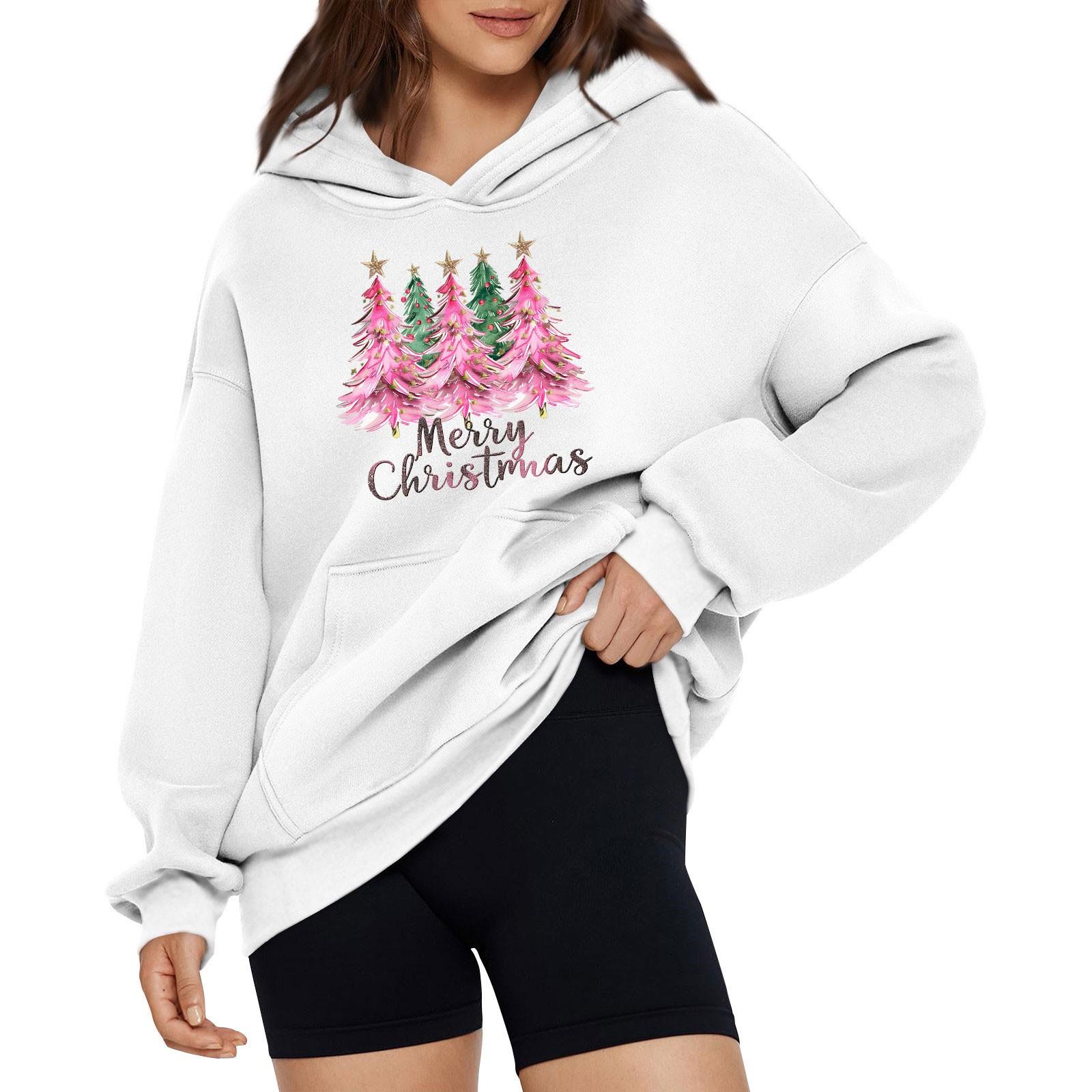 

Женская модная свободная толстовка с капюшоном и рождественским принтом, длинный рукав, пуловер S белый