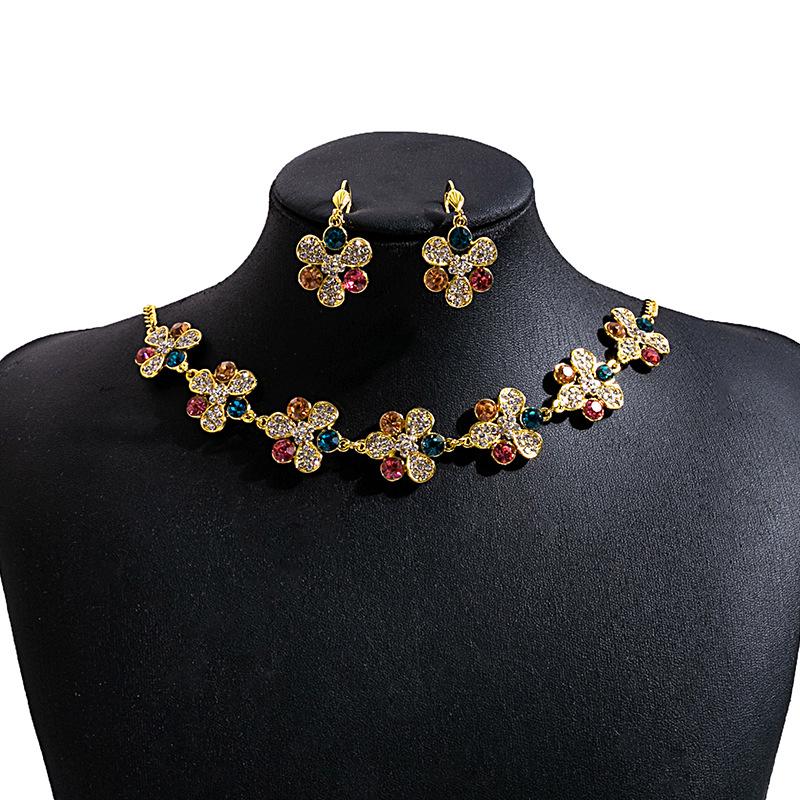 European, American Bohemian Diamond Pearl Earrings, Ethnic Style Turquoise Fringed Necklace Flower Jewelry Set Women