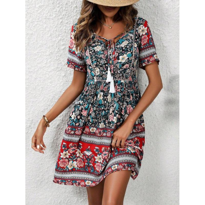 European and American 2026 summer new fashionable versatile printed tassel neckline short dress S красный