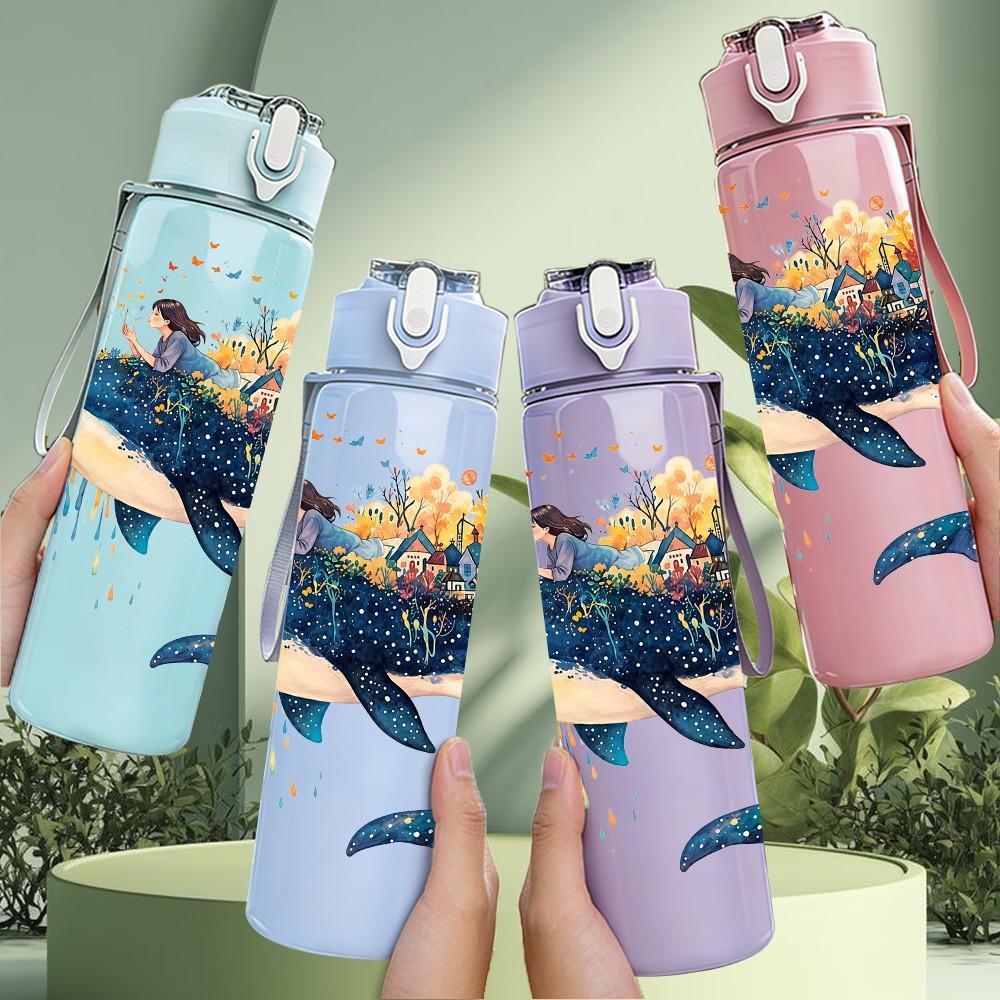 1PC Jumping Whale Ocean Watercolor Art Print 750ml Color Plastic Sports Water Bottle Leakproof Flip Straw Lid Suitable for Sports Office Home Use