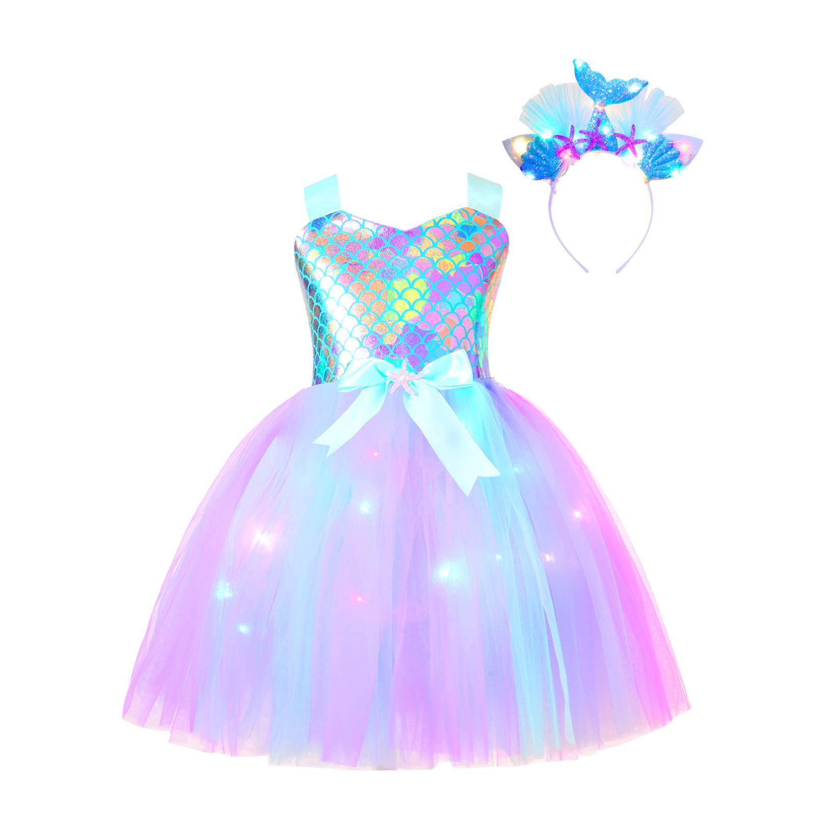 

Детский костюм русалки для девочек, платье-пачка со светодиодной подсветкой, сетчатое платье принцессы с обручем для волос на Хэллоуин, день рождения 3-4 Years белый/синий