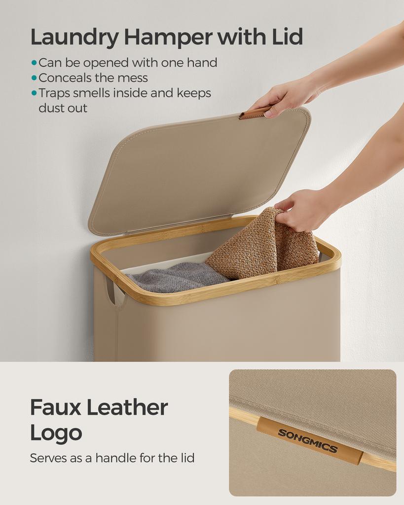 SONGMICS Laundry Basket with Lid, Large Laundry Hamper, 90L, Removable Mesh Liner, Oxford Fabric, Bamboo Handles, Collapsible, 42 x 32 x 70.5 cm