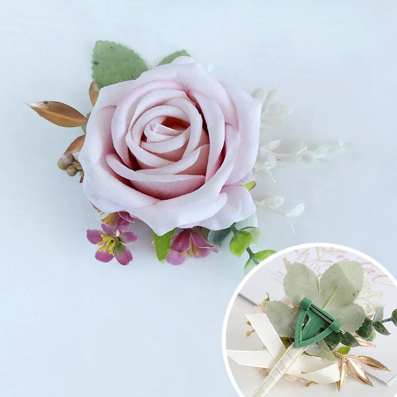 6pcs White Pink Corsage and Boutonniere Set Artificial Rose Wristlet Suit Flower for Men Wedding Party Prom Decoration