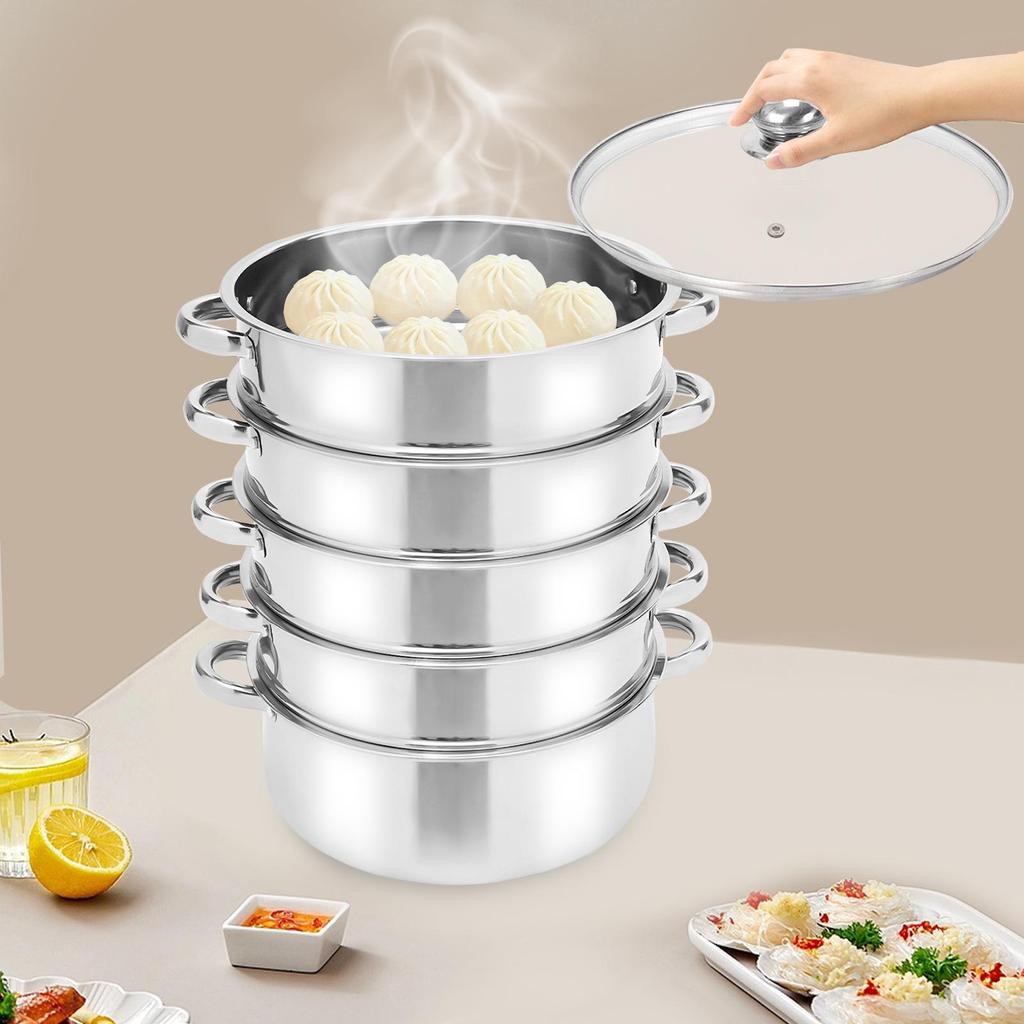 Panela de Cozimento a Vapor de Aço Inoxidável de 5 Camadas - Vaporizador de 11 Polegadas para Cozinhar Alimentos - Tampa de Vidro - Adequado para Tamales, Legumes, Bolinhos e Frutos do Mar