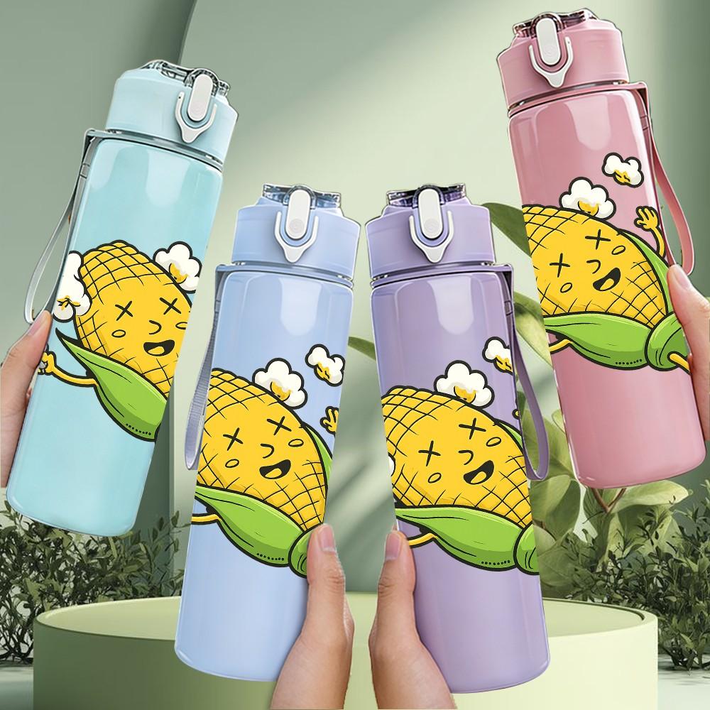 1PC Cartoon Corn Character 750ml Color Plastic Sports Water Bottle Leakproof Flip Straw Lid Suitable for Sports Office Home Use