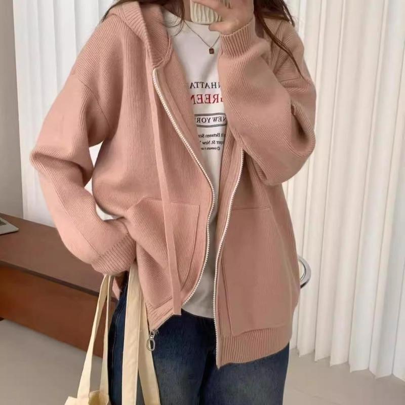 Lazy Wind Double Zipper Hooded Sweater Jacket Women's Autumn and Winter Soft Waxy Casual Loose Knitted Cardigan Top Women