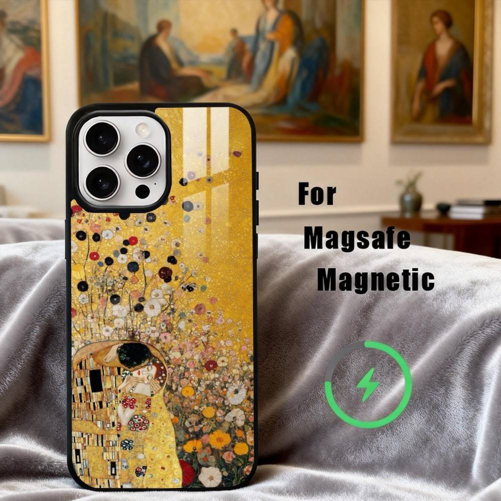 Custodia per Telefono Pittura "Il Bacio" di Gustav Klimt Per iPhone17,16,15,14,13,12,11 Plus,Pro Max Magnetica Per Ricarica Wireless Magsafe