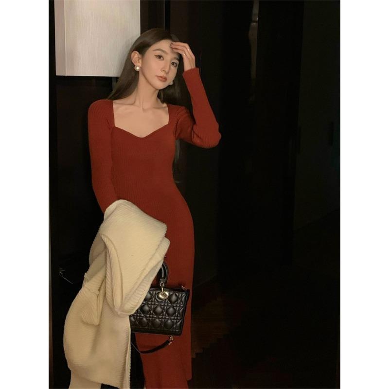 Autumn New Women's High-end Temperament Socialite Long-sleeved Red Sweater Knitted Bottoming Dress Autumn and Winter