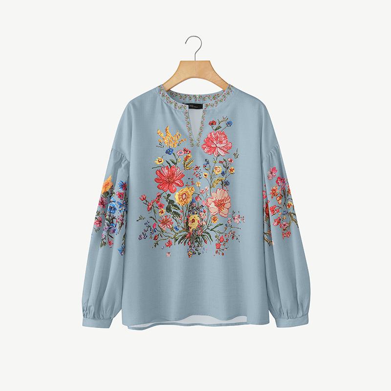

ZANZEA Women Casual V-Neck Loose Long Sleeve Print Blouse 5XL синий