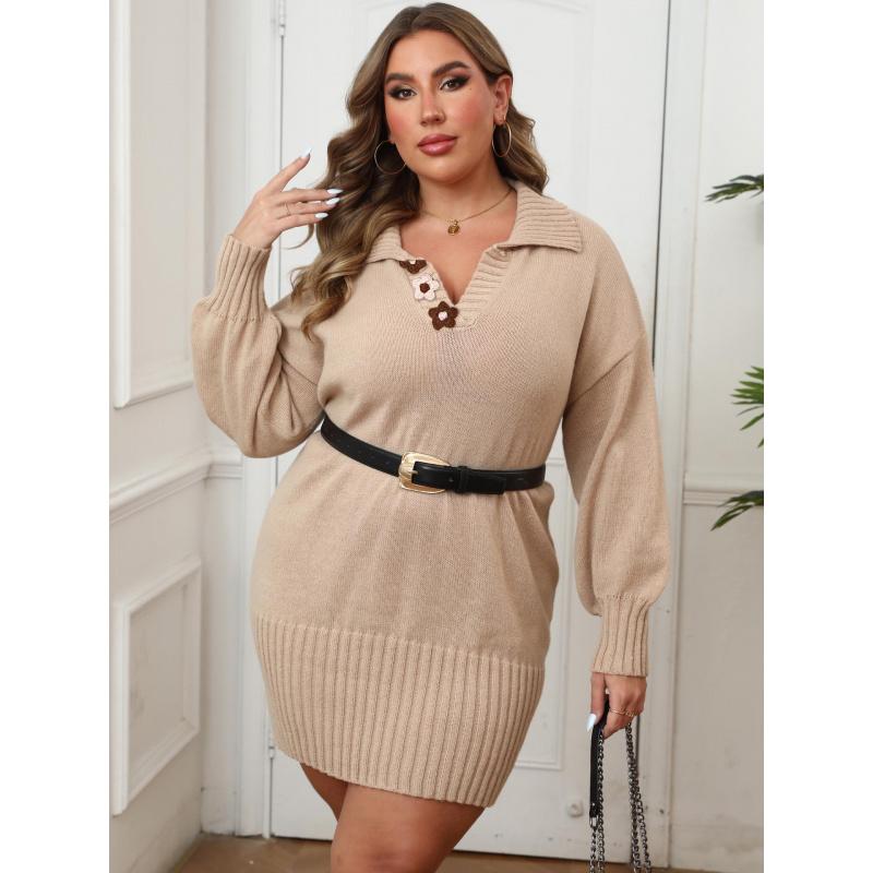 Robe Automne Hiver Grande Taille Femme Robe Moulante à Col Polo Robe Pull Patchwork Floral Crocheté à la Main pour Femme